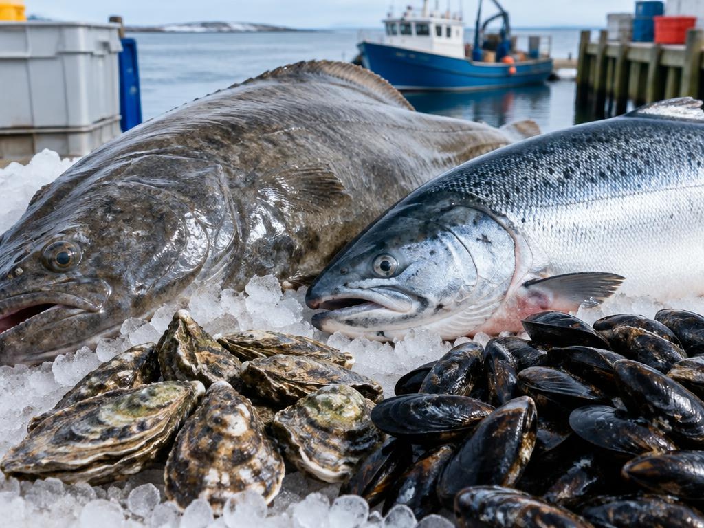 Atlantic halibut, salmon, oysters and mussels on ice